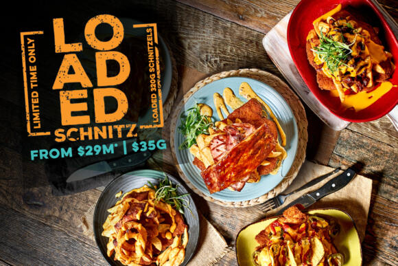 Choose your size of 320g chicken schnitzel + your choice of loaded topping.